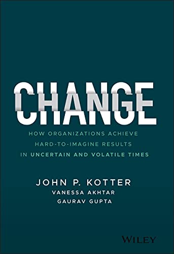 Book cover: "Change" by Kotter and Gupta, with white text on teal.