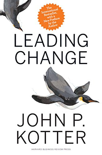 Book cover for Leading Change by John P. Kotter featuring two illustrated swimming penguins.