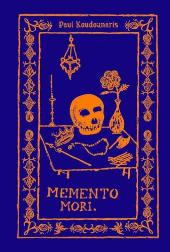 Orange line art of a skull and objects on a blue book cover.