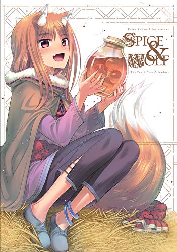 Anime girl with wolf ears holding a jar of fruit, calendar cover.