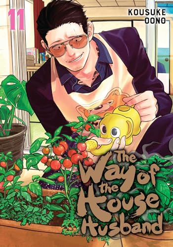 A man wearing sunglasses and an apron waters a tomato plant with an elephant-shaped watering-can.