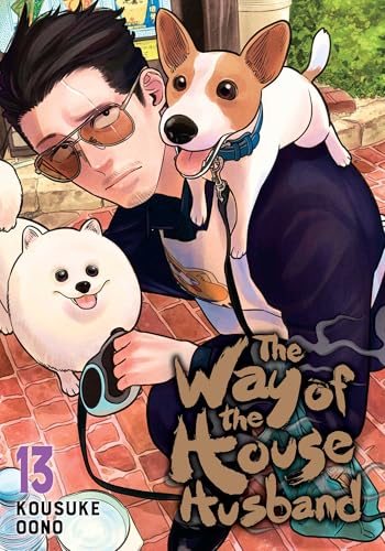 A man in sunglasses walks two dogs on a brick path on this manga cover.
