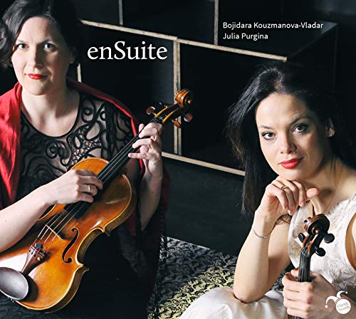 Two women with violins, album cover for "enSuite" by Bojidara Kouzmanova-Vladar.
