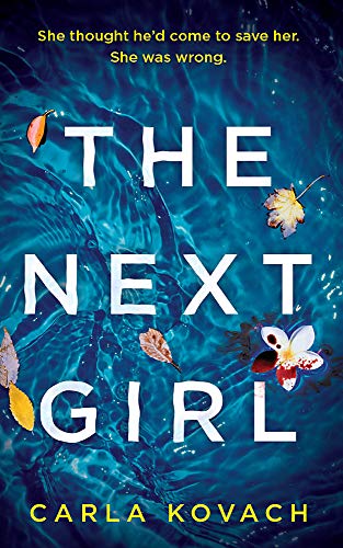 Book cover: “The Next Girl” with blue water, falling leaves, and flowers.