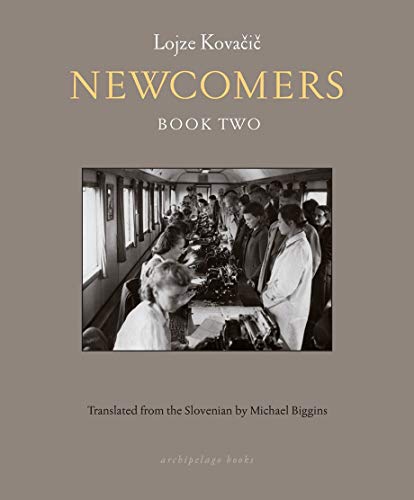 Book cover: "Newcomers," depicting a crowded train car interior.