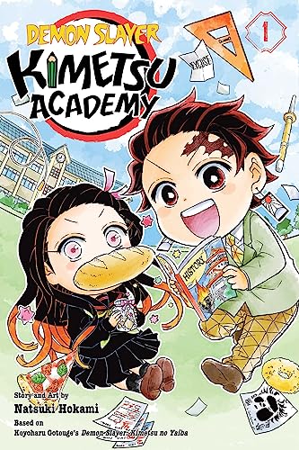 Chibi Tanjiro and Nezuko in school uniforms on the cover of a manga volume.