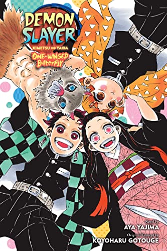 Four Demon Slayer characters look down at the viewer in this manga cover illustration.