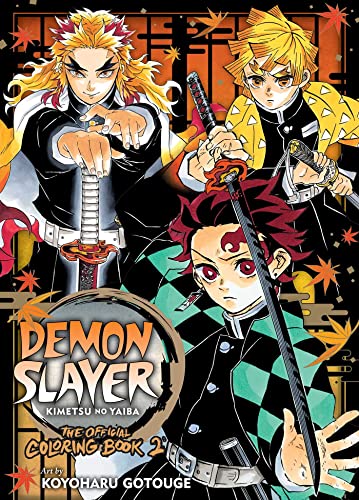Demon Slayer" coloring book cover featuring Tanjiro, Nezuko, and Rengoku in manga style.