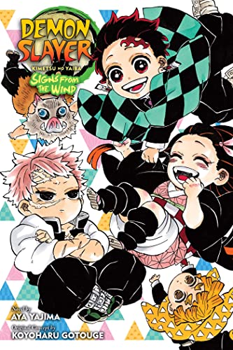 Chibi-style anime characters from Demon Slayer on a background of colorful triangles.