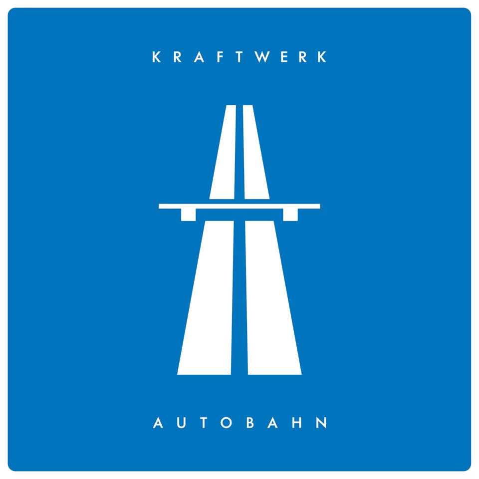 Blue square album cover for Kraftwerk’s “Autobahn” featuring a white highway graphic.