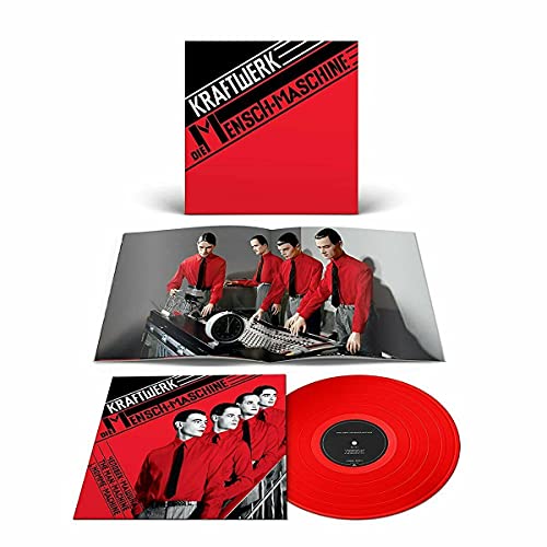 Red album cover with four men in suits, vinyl record beside it.