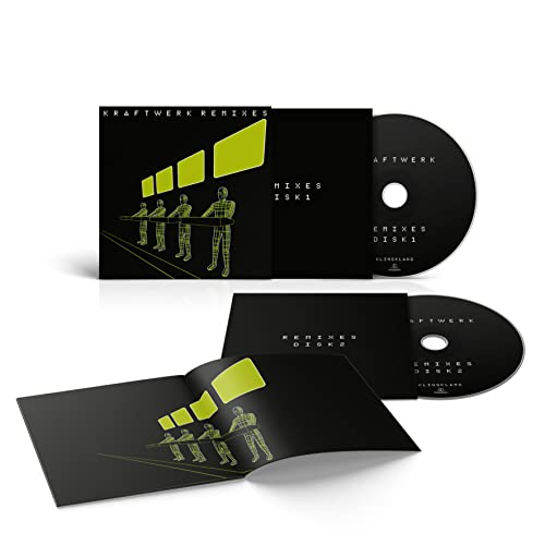 Kraftwerk Remixes CD with black cover, figures, and two discs visible.