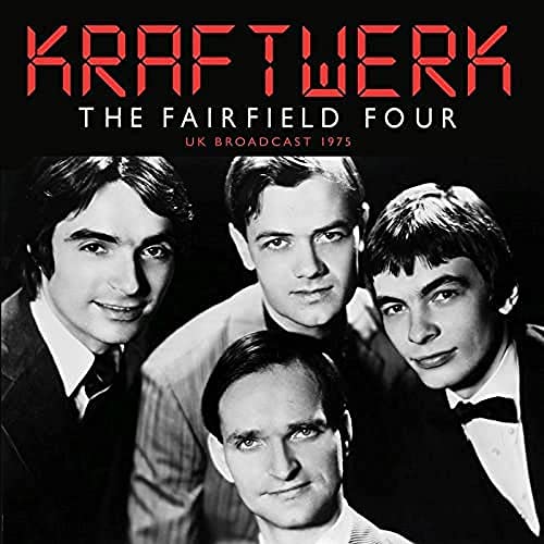 Black and white photo of four men, Kraftwerk album cover.