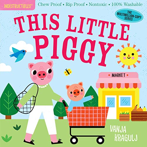 Colorful children’s book cover featuring a pink pig and a market scene.
