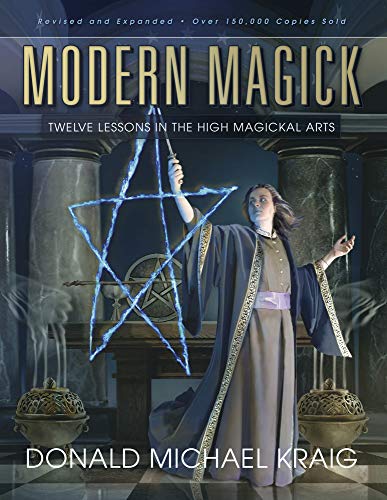 A person in robes traces a glowing blue pentagram in a ritual setting.