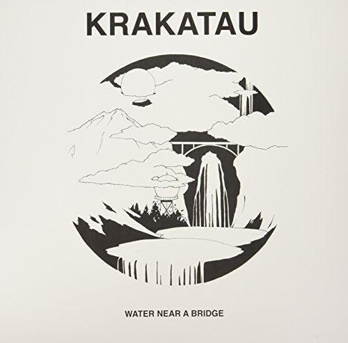 Black and white line art of a bridge, mountains, and water.