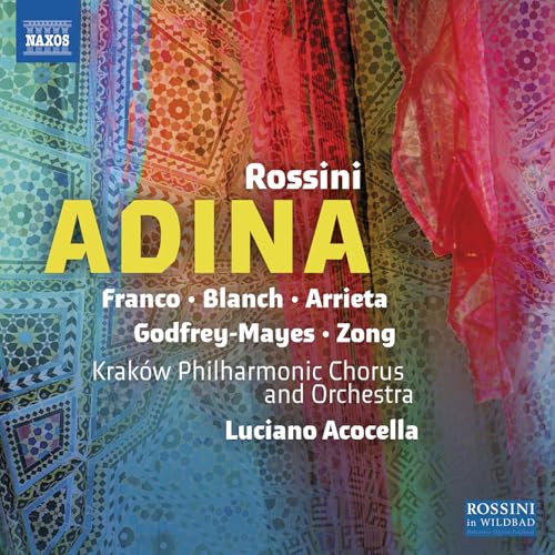 CD cover for Rossini’s “Adina” with patterned background and red fabric.