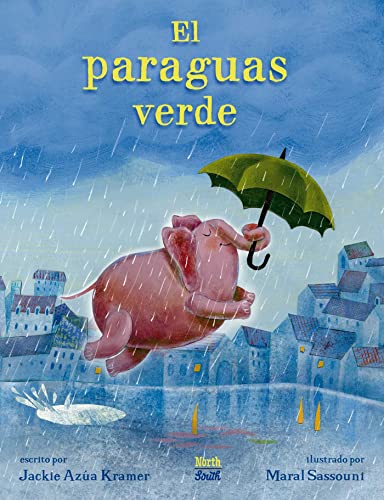Book cover: pink elephant floats with a green umbrella in rain.