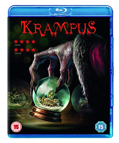Blu-ray cover for horror film Krampus, featuring a clawed hand and snow globe.