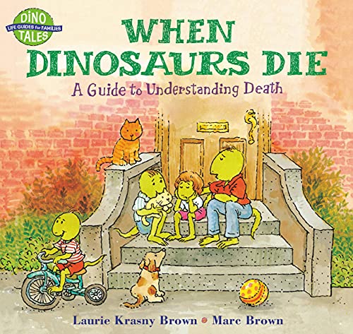 Book cover illustration showing a family of dinosaurs sitting on front steps.