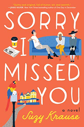 Book cover with illustrated people on a couch, a parrot, and houses.