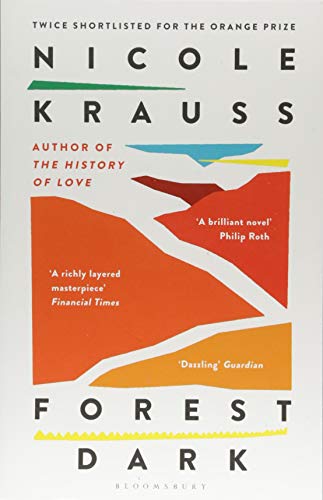Book cover for Forest Dark by Nicole Krauss with abstract orange and red landscape.