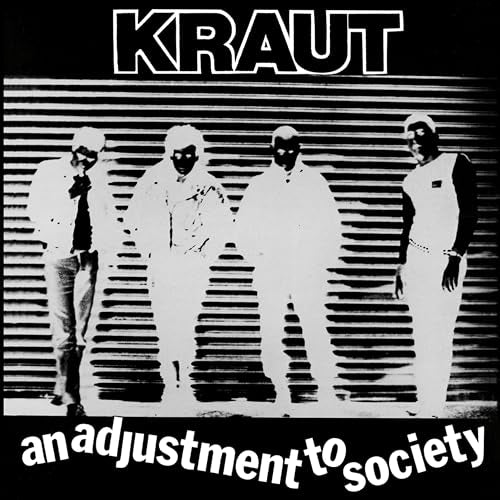 Black and white album cover featuring four figures in front of striped wall.