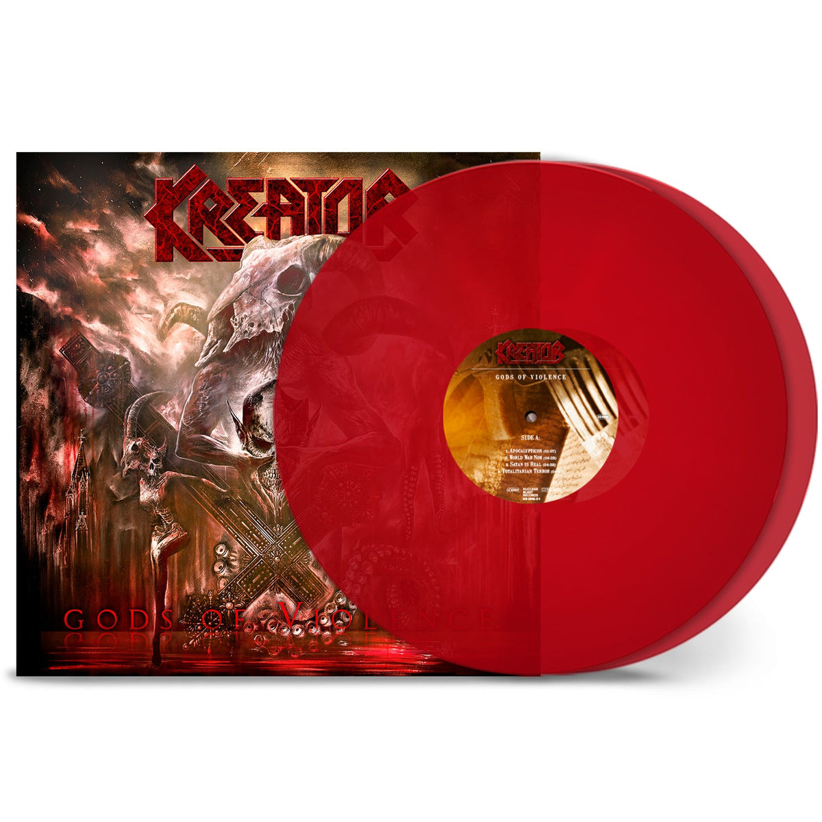 RedCremson red vinyl record leaning against the Gods of Violence album cover art.