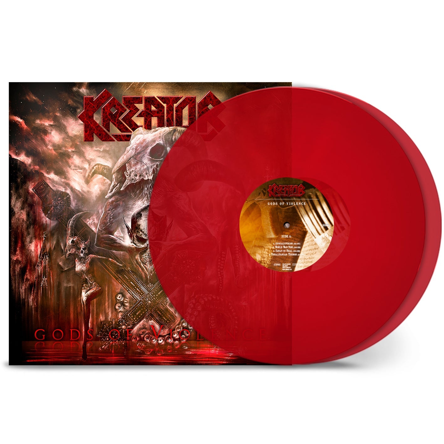 RedCremson red vinyl record leaning against the Gods of Violence album cover art.