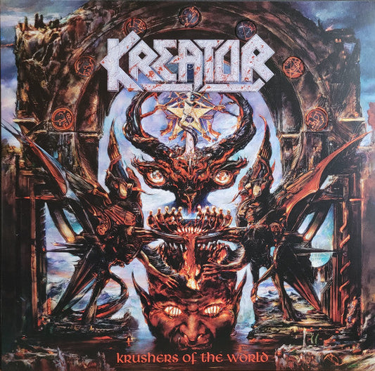 Album cover art featuring a dark, surreal painting of demonic figures and a large head.