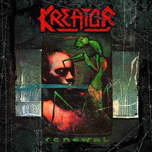 Album cover for Kreator’s “Renewal” featuring a face and praying mantis.