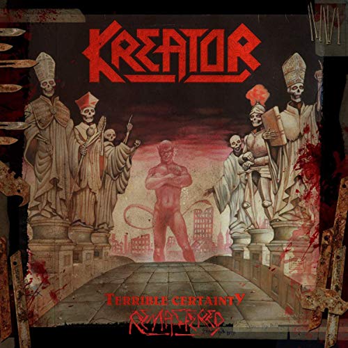 "Kreator album cover with skeletal clergy figures surrounding a central nude man."