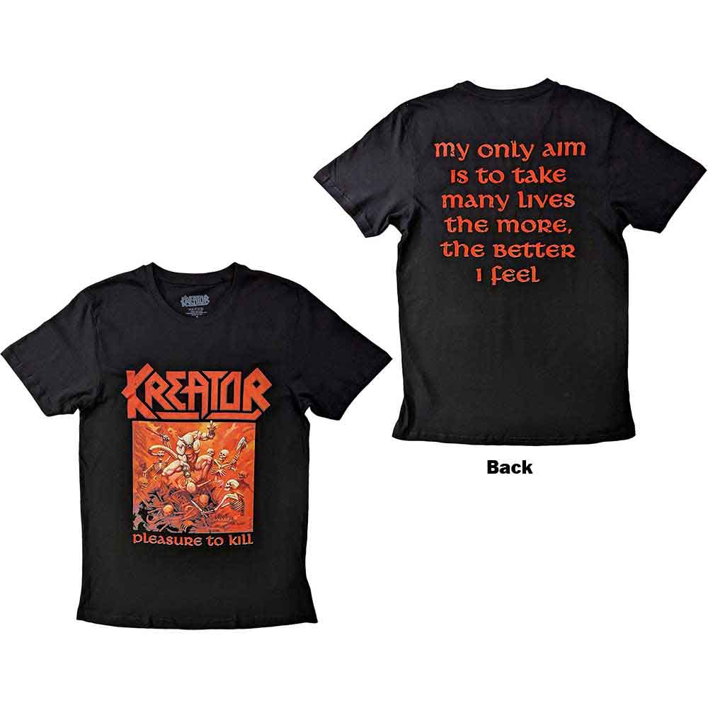 Black t-shirt with large back print featuring the Kreator “Pleasure To Kill” album artwork.