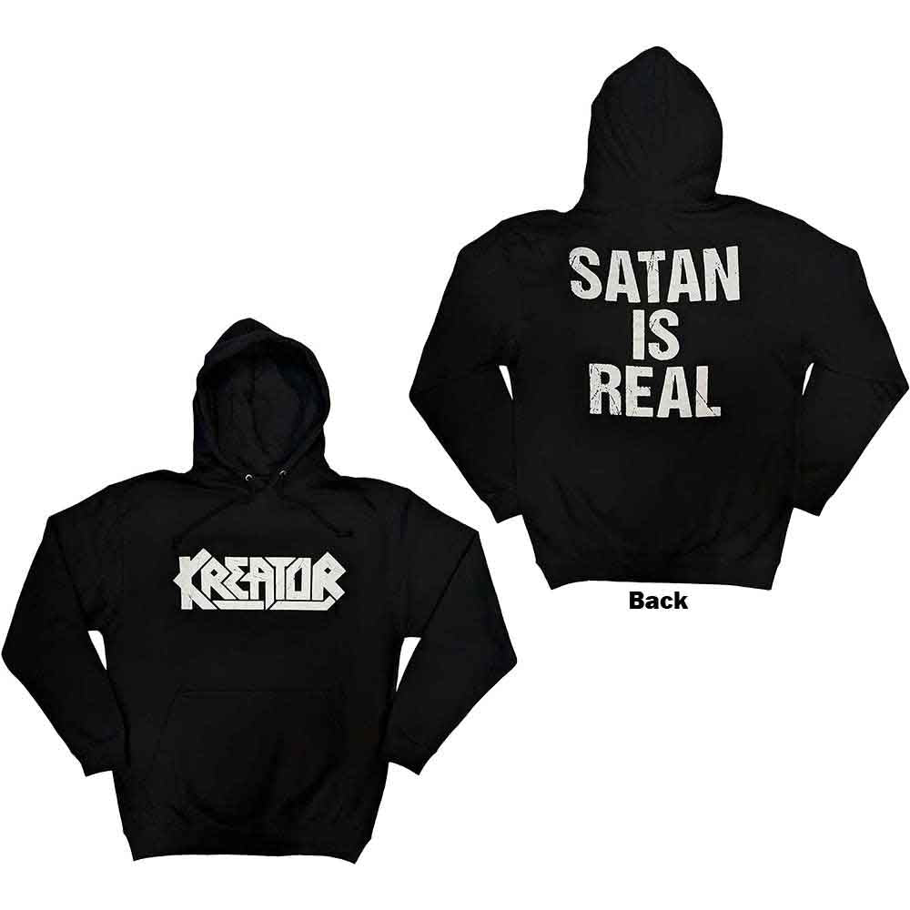 Black pullover hoodie with large "Satan Is Real" back print, unisex sizing.