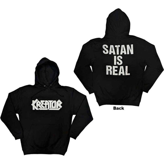 Black pullover hoodie with large "Satan Is Real" back print, unisex sizing.