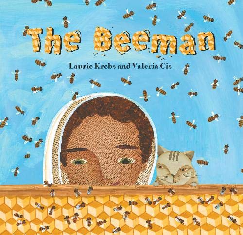 Book cover: a beekeeper’s face surrounded by bees and a cat.