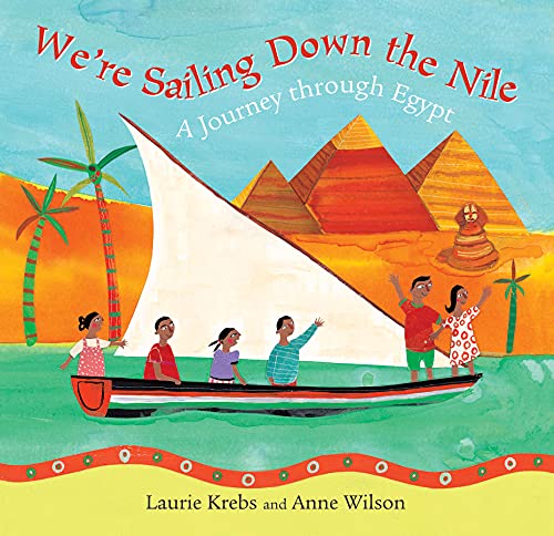 Children sailing a boat on the Nile River with pyramids in background.