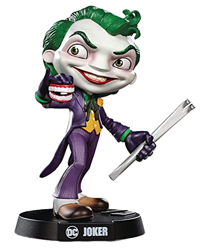 Stylized Joker vinyl figure holding chattering teeth and a crowbar on a display base.