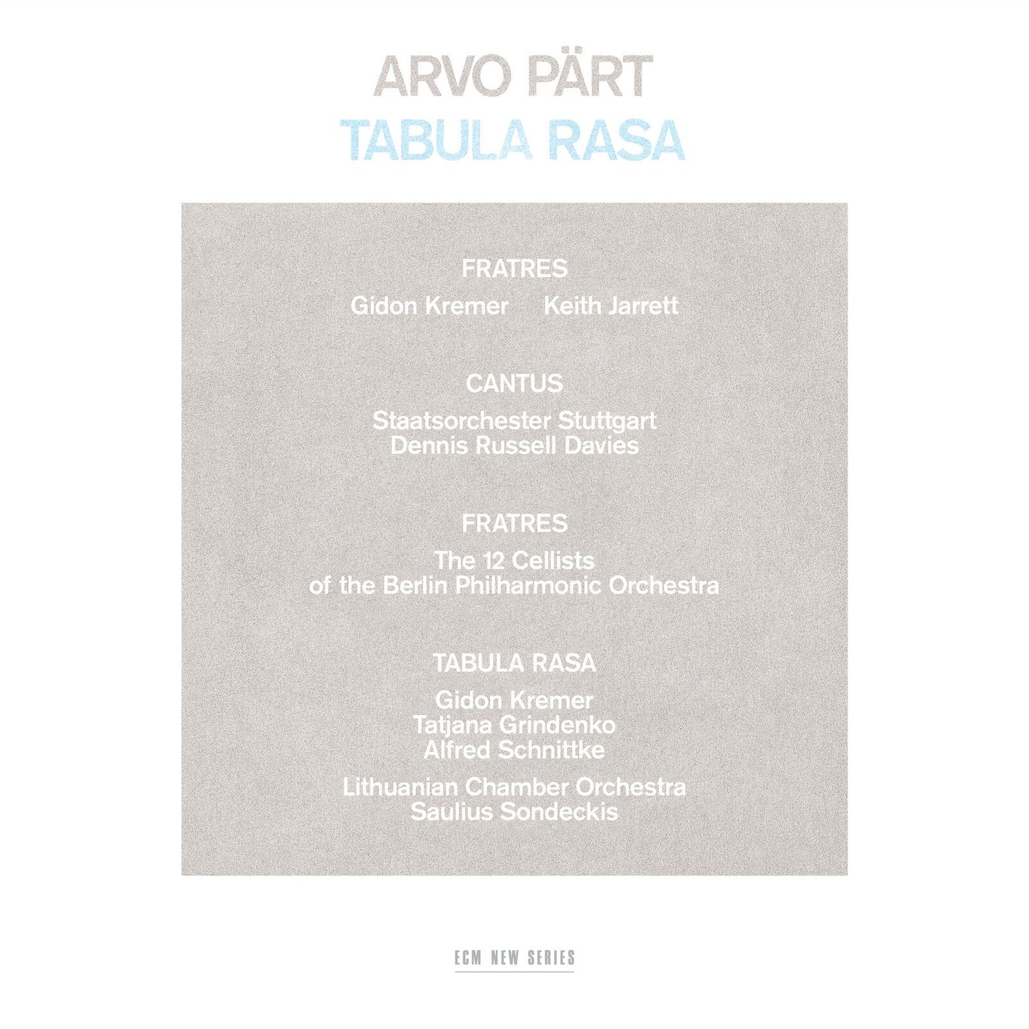 Album cover for Arvo Pärt’s “Tabula Rasa” with text listing performers.