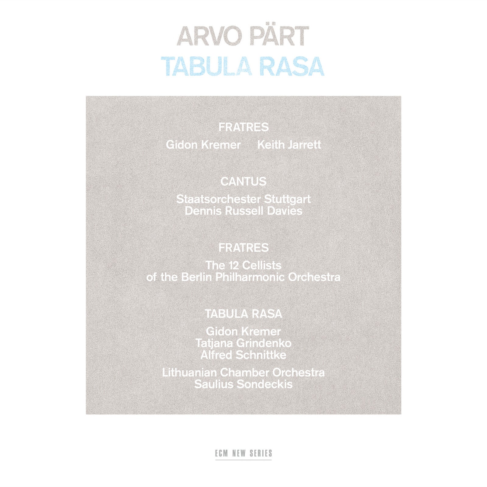 Album cover for Arvo Pärt’s “Tabula Rasa” with text listing performers.