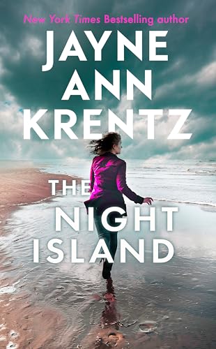 Book cover: woman walking on beach, stormy sky, title “The Night Island”.