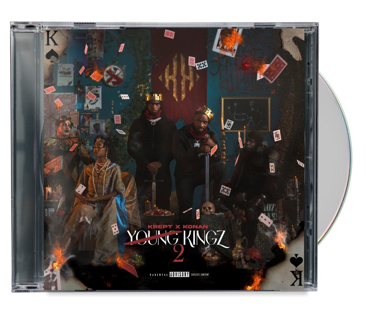 CD cover for Krept & Konan’s “Young Kingz II” featuring two men and playing cards.