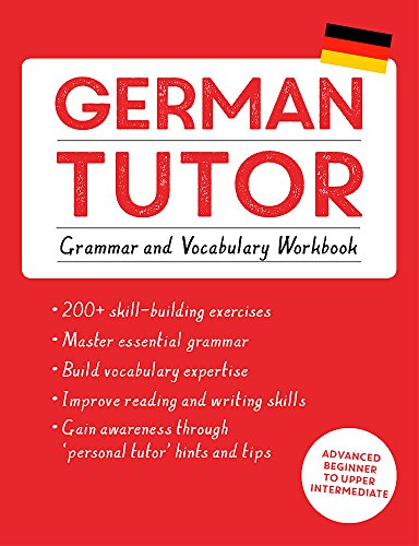 Red cover of "German Tutor" grammar and vocabulary workbook with flags.