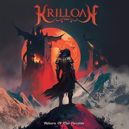 Fantasy album cover: knight with sword before a castle and red moon.