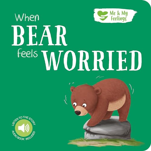 Green board book cover with a worried brown bear on a rock.