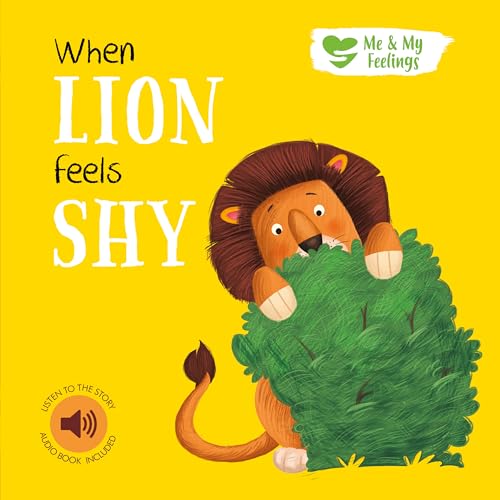 Yellow book cover featuring a shy lion hiding in green bushes.