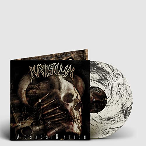 Krisiun AssassiNation vinyl record featuring a skull cover and a black and white disc.