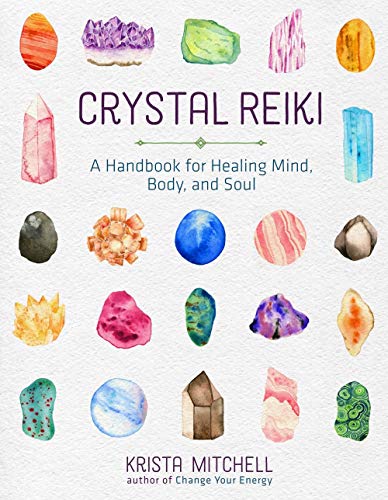 Book cover with watercolor crystals and title "Crystal Reiki" by Krista Mitchell.