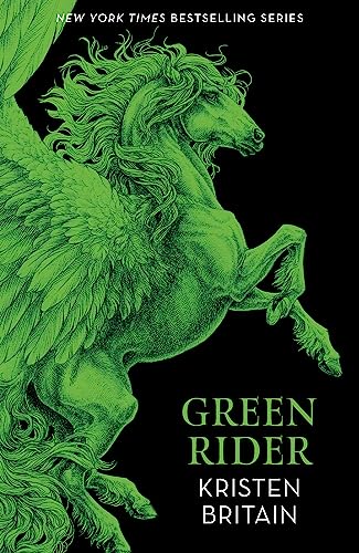 Book cover with a green illustration of a winged horse on a black background.