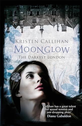 Book cover: woman’s face, Victorian buildings, and blue floral patterns.